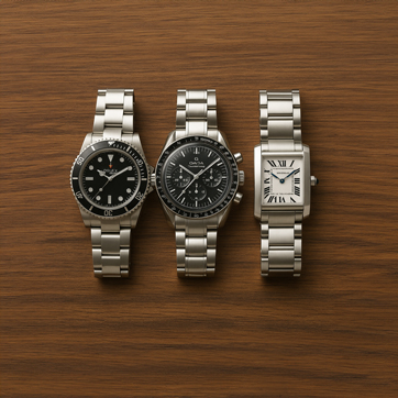 Drei Luxusuhren im Stil von Rolex, Omega und Cartier nebeneinander auf einem Holztisch ohne Text.