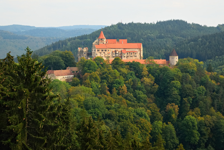 Mittelalterliche Burg mit roten Dächern in Baden-Württemberg, umgeben von dichtem Wald in hügeliger Landschaft.