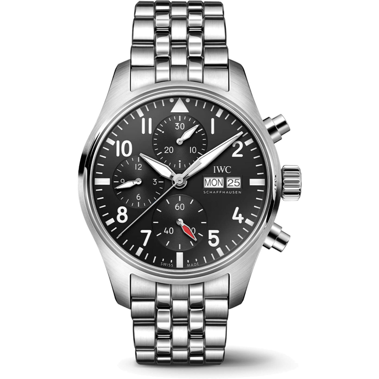 IWC Pilot’s Watch Chronograph mit schwarzem Zifferblatt und Edelstahlarmband.
