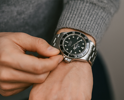 Person stellt eine Rolex Submariner am Handgelenk ein – Symbol für den Wert und Verkauf von Luxusuhren.