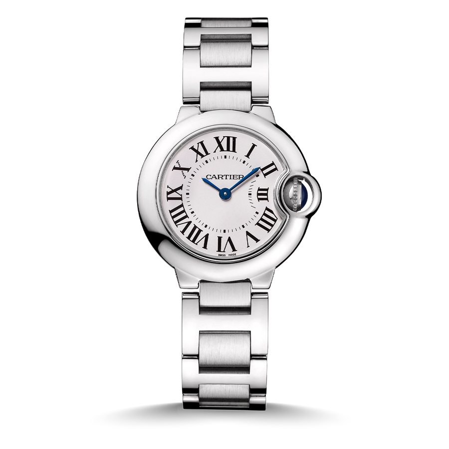 Cartier Ballon Bleu Armbanduhr aus Edelstahl mit silbernem Zifferblatt, römischen Ziffern und blauen Zeigern