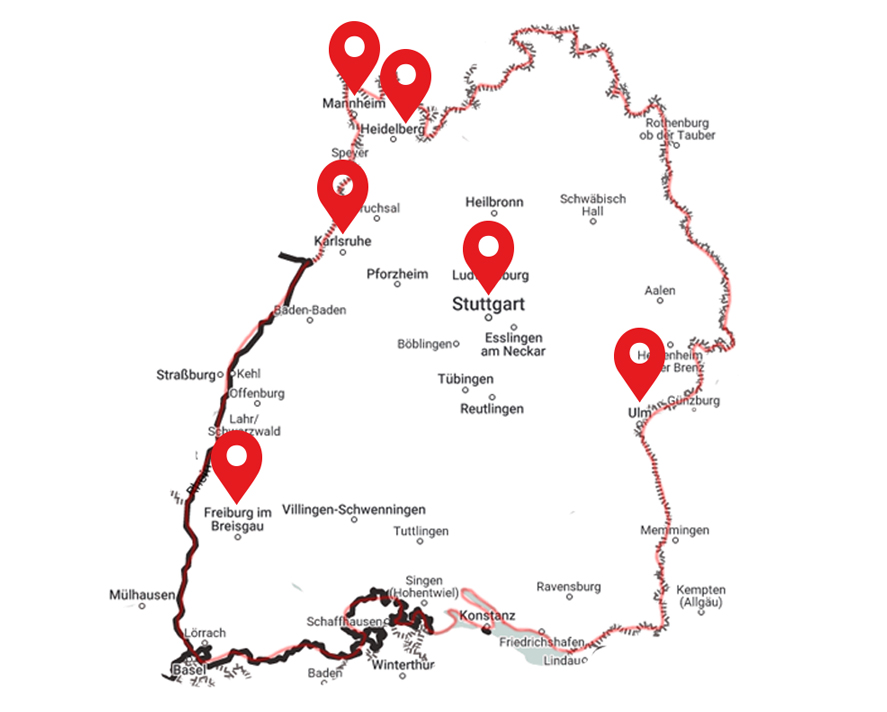Karte von Baden-Württemberg mit markierten Standorten für den Ankauf und Verkauf von Uhren-Konvoluten.