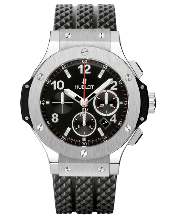 Hublot Big Bang Chronograph mit schwarzem Zifferblatt, Edelstahlgehäuse und schwarzem Kautschukarmband.