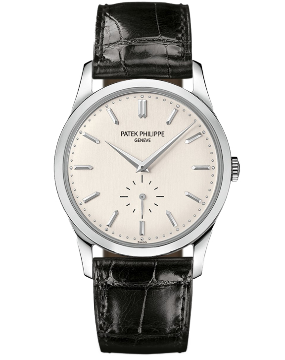 Patek Philippe Calatrava mit silbernem Zifferblatt und schwarzem Lederarmband.