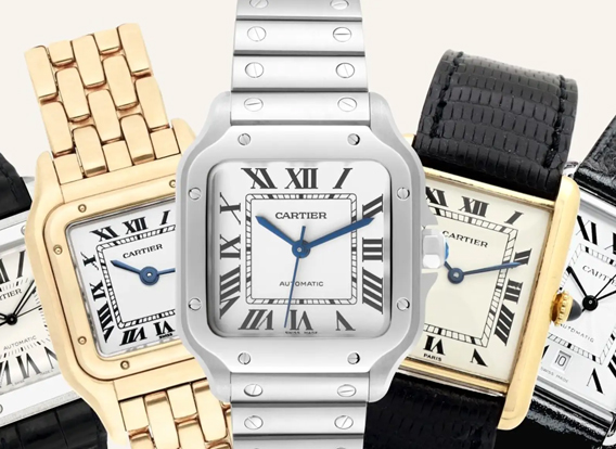 Verschiedene Modelle von Cartier Armbanduhren in Gold, Silber und Lederarmband – Symbolfoto für Cartier Uhren verkaufen und Ankauf