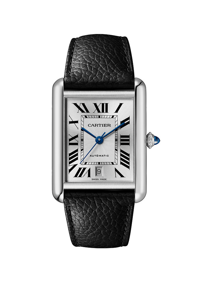Cartier Tank Armbanduhr mit schwarzem Lederarmband und silbernem Gehäuse – Luxusuhr mit römischen Ziffern und blauen Zeigern