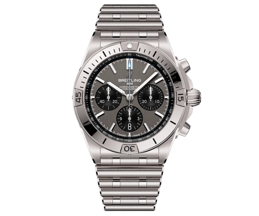 Breitling Chronomat B01 42 in Edelstahl mit grauem Zifferblatt und schwarzem Chronographen-Totalisatoren.
