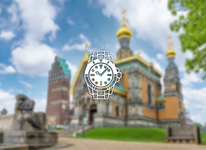 Darmstadt mit der Russischen Kapelle und Hochzeitsturm auf der Mathildenhöhe – Symbolfoto für Rolex verkaufen und Ankauf in Darmstadt