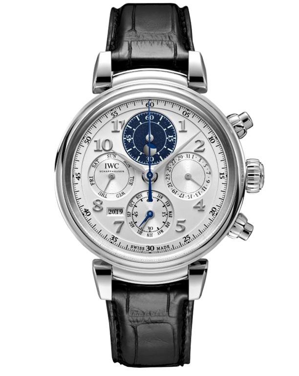 IWC Da Vinci Perpetual Calendar Chronograph mit silbernem Zifferblatt und schwarzem Lederarmband.