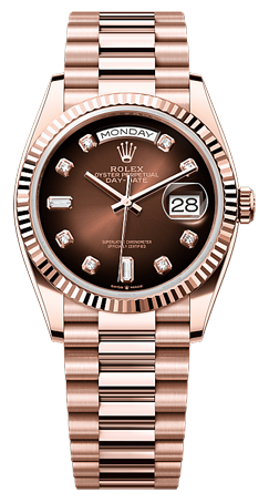 Rolex Day-Date in Roségold mit braunem Zifferblatt und diamantbesetzten Stundenmarkierungen.