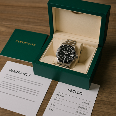 Luxus-Armbanduhr in grüner Originalbox mit beigem Innenfutter, daneben Garantiezertifikat und Kaufbeleg auf Holztisch.