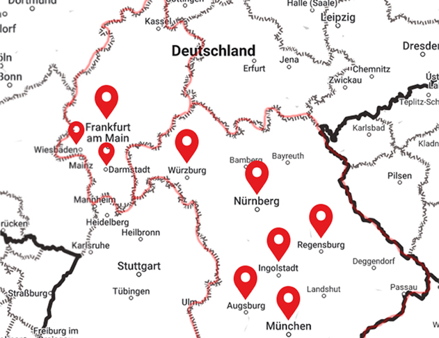 Karte von Deutschland mit markierten Standorten in Hessen und Bayern für den Ankauf und Verkauf eines Uhren-Konvoluts.