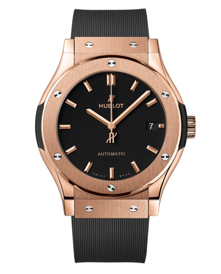 Hublot Classic Fusion in Roségold mit schwarzem Zifferblatt und schwarzem Kautschukarmband.