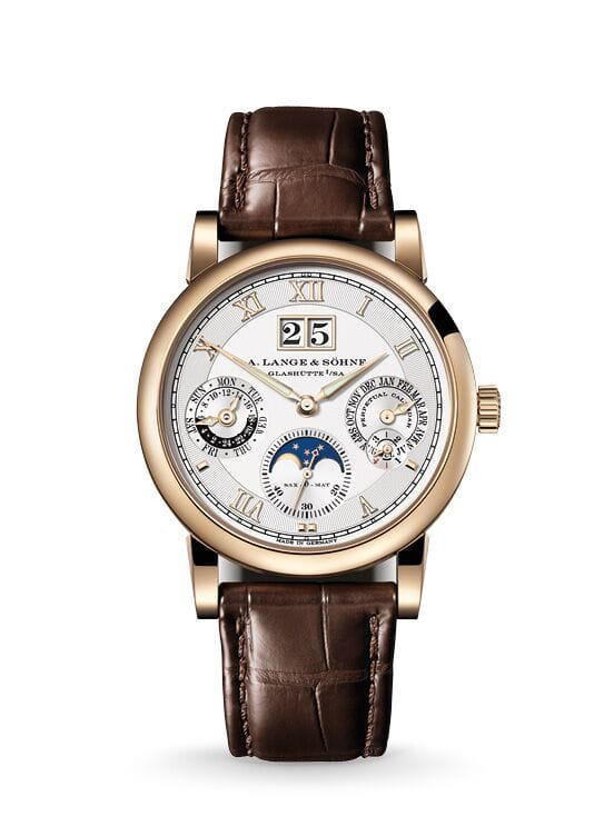 A. Lange & Söhne Luxusuhr mit ewigem Kalender, Mondphase und braunem Lederarmband.