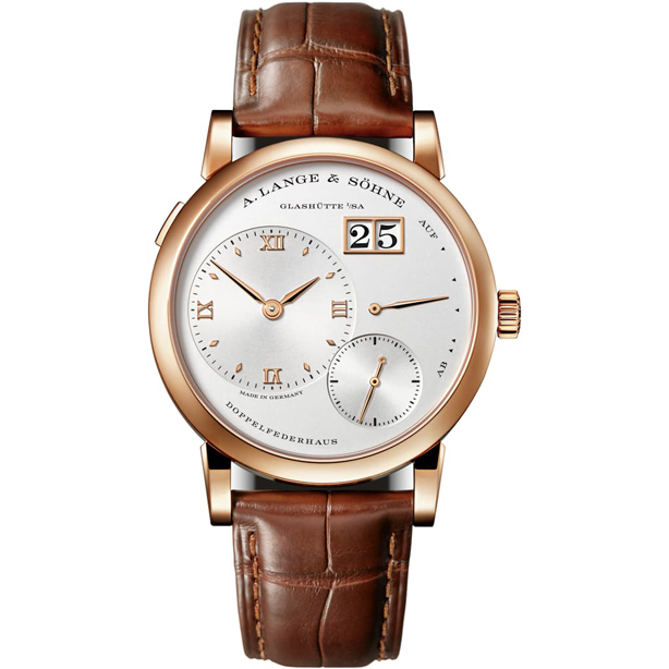 A. Lange & Söhne Lange 1 in Roségold mit silbernem Zifferblatt, braunem Lederarmband und markantem Großdatum.