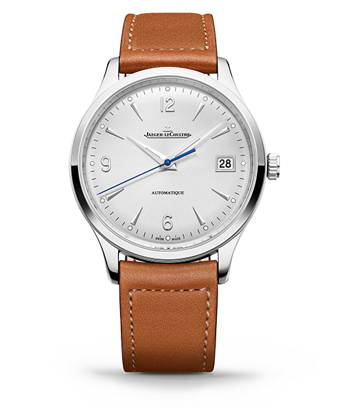 Jaeger-LeCoultre Master Control Date mit silbernem Zifferblatt, blauen Zeigern und braunem Lederarmband – Ankauf und Verkauf.