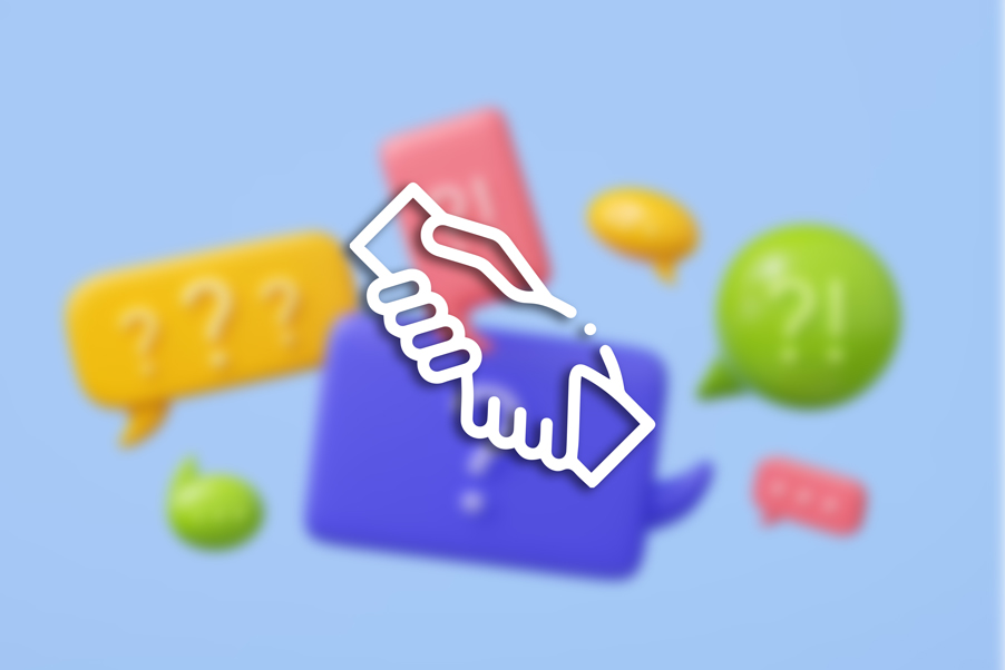 Symbol für Nachbetreuung – weißes Handschlag-Icon vor buntem Hintergrund mit Sprechblasen und Fragezeichen.