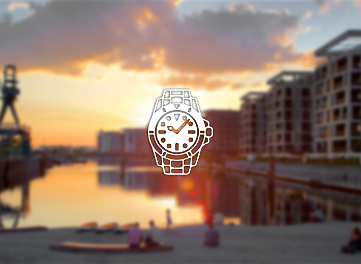 Offenbach am Main mit Blick auf den Hafen bei Sonnenuntergang – Symbolfoto für Rolex verkaufen und Ankauf in Offenbach