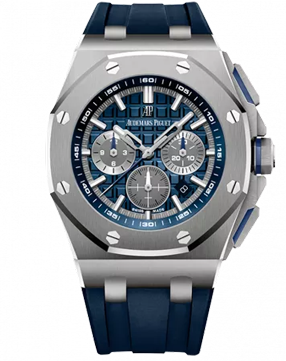 Audemars Piguet Royal Oak Offshore Chronograph mit blauem Zifferblatt und blauem Kautschukarmband.