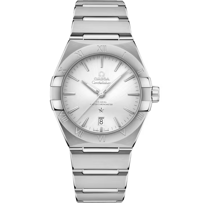 Omega Constellation Co-Axial Master Chronometer 39 mm in Edelstahl mit silbernem Zifferblatt und römischen Ziffern auf der Lünette.