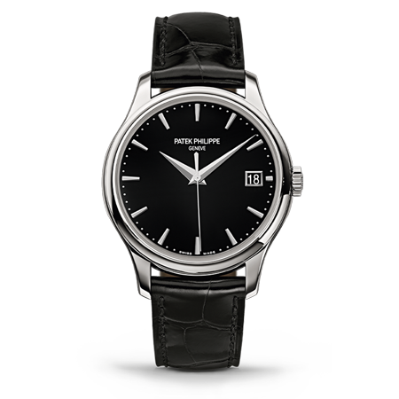 Patek Philippe Herrenuhr mit schwarzem Zifferblatt, Datum und schwarzem Lederarmband.