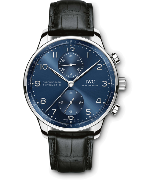 IWC Portugieser Chronograph mit blauem Zifferblatt und schwarzem Lederarmband.