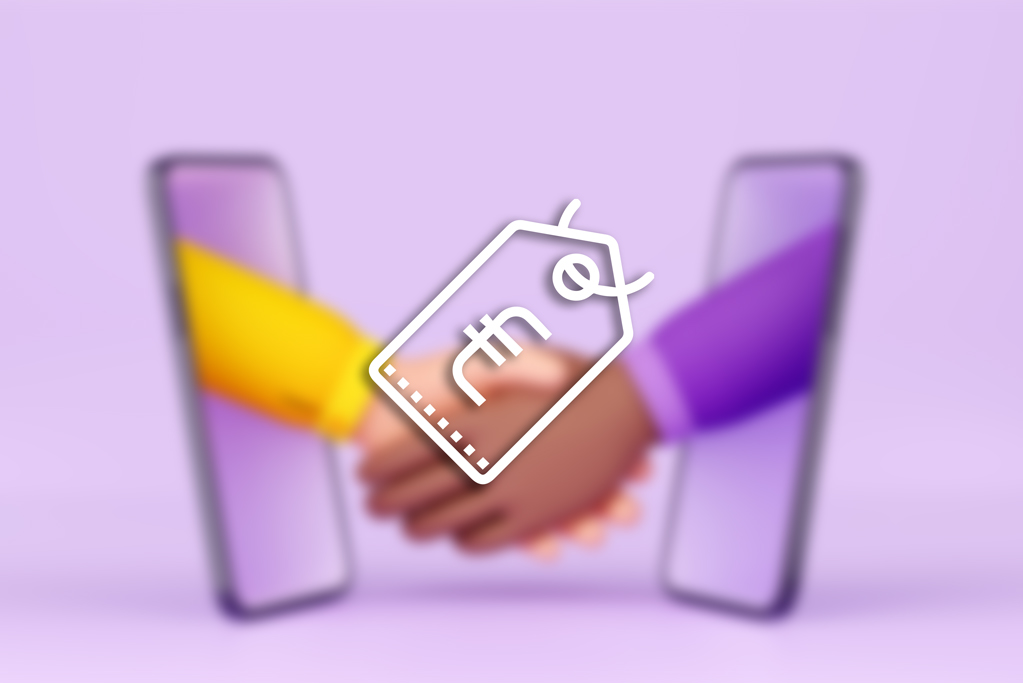Symbolische Darstellung eines Preisvorschlags – zwei Hände schütteln sich virtuell aus Smartphone-Bildschirmen, darüber ein weißes Preisschild-Icon mit Währungssymbol.