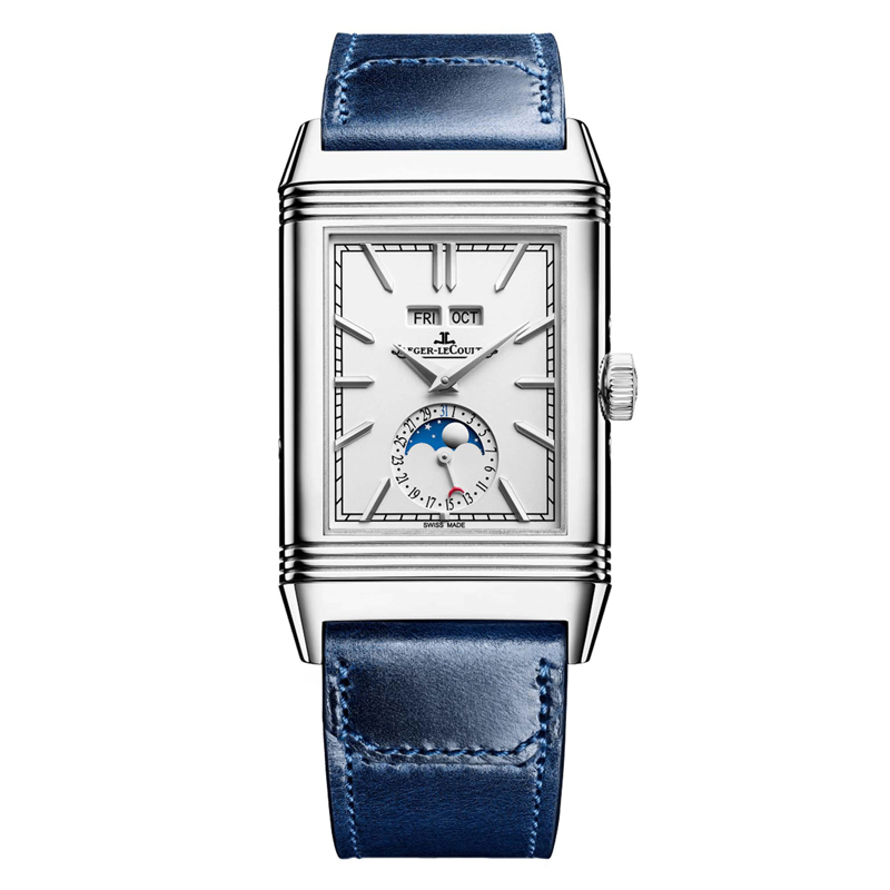 Jaeger-LeCoultre Reverso Tribute Calendar, rechteckige Edelstahluhr mit silbernem Zifferblatt, Mondphasenanzeige, Tages- und Monatsanzeige, blauem Lederarmband – Ankauf und Verkauf.