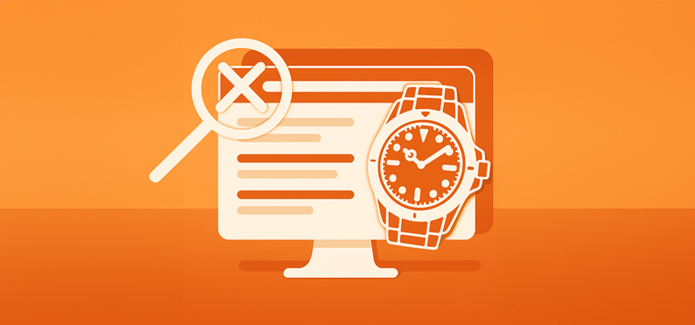 Illustration einer Computeranzeige mit einer Uhr und einer Lupe mit einem „X“-Symbol, sinnbildlich für unzuverlässige Preisangaben auf Onlineplattformen beim Uhrenverkauf