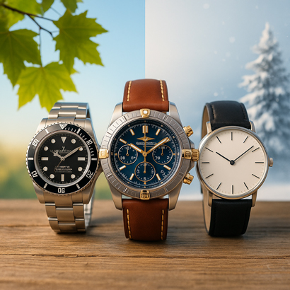 Drei Luxusuhren vor einem Hintergrund mit Sommer- und Wintermotiv