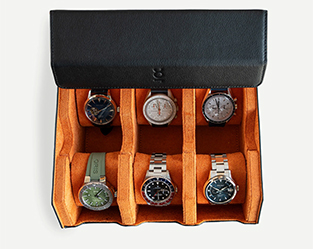 Aufbewahrungsbox mit sechs hochwertigen Luxusuhren.