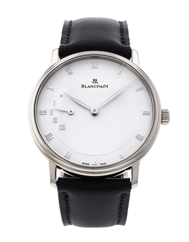 Blancpain Villeret Handaufzug mit weißem Zifferblatt, römischen Ziffern, kleiner Sekunde und schwarzem Lederarmband – Ankauf und Verkauf.