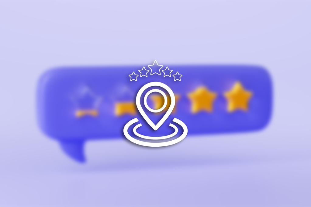 Symbol für Vor-Ort-Bewertung – weißes Standort-Pin-Icon mit fünf Sternen über unscharfem violetten Hintergrund mit goldenen Sternenbewertungssymbolen.