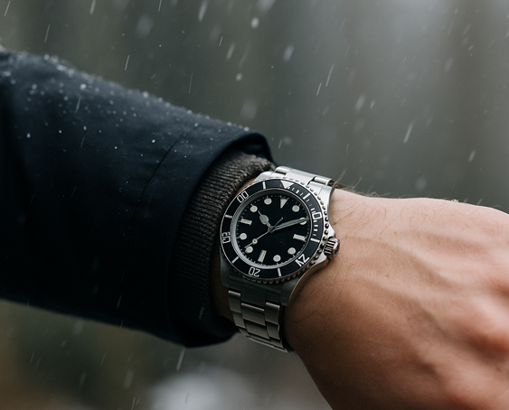 Luxusuhr im Regen am Handgelenk