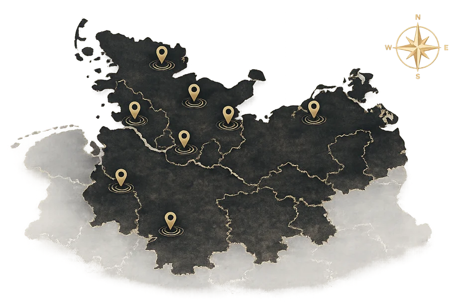 Karte Norddeutschland mit Chronokauf Ankaufgebiet für Luxusuhren in Hamburg, Kiel, Lübeck, Hannover und Bremen