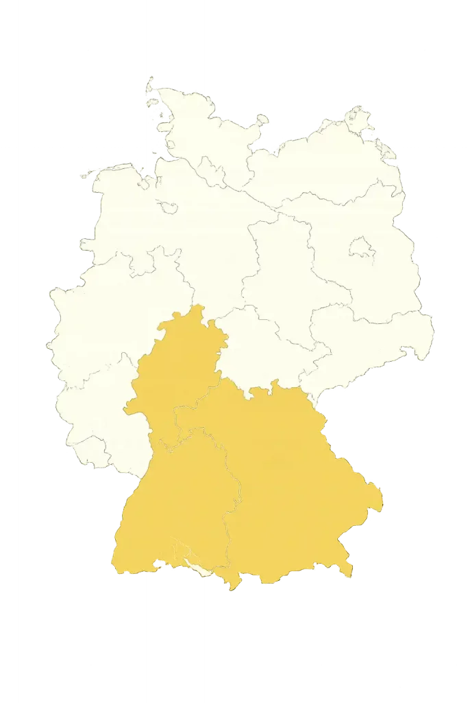 Karte Süddeutschland mit markiertem Chronokauf Ankaufgebiet für sicheren Luxusuhrenverkauf in Bayern und Baden Württemberg