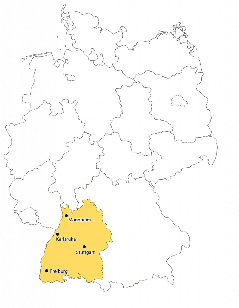 Deutschlandkarte mit markiertem Baden-Württemberg sowie Stuttgart, Mannheim, Karlsruhe und Freiburg für den Luxusuhren Ankauf von Chronokauf