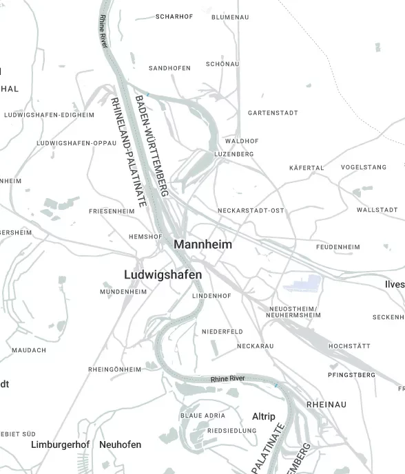 Regionale Karte von Mannheim und Ludwigshafen für den professionellen Luxusuhren Ankauf im Rhein-Neckar Gebiet durch Chronokauf