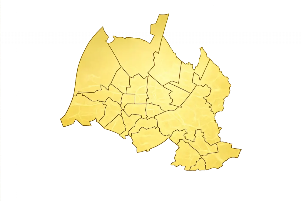 Bezirkskarte von Karlsruhe als Chronokauf Einsatzgebiet für sicheren Luxusuhrenankauf in Karlsruhe und Umgebung
