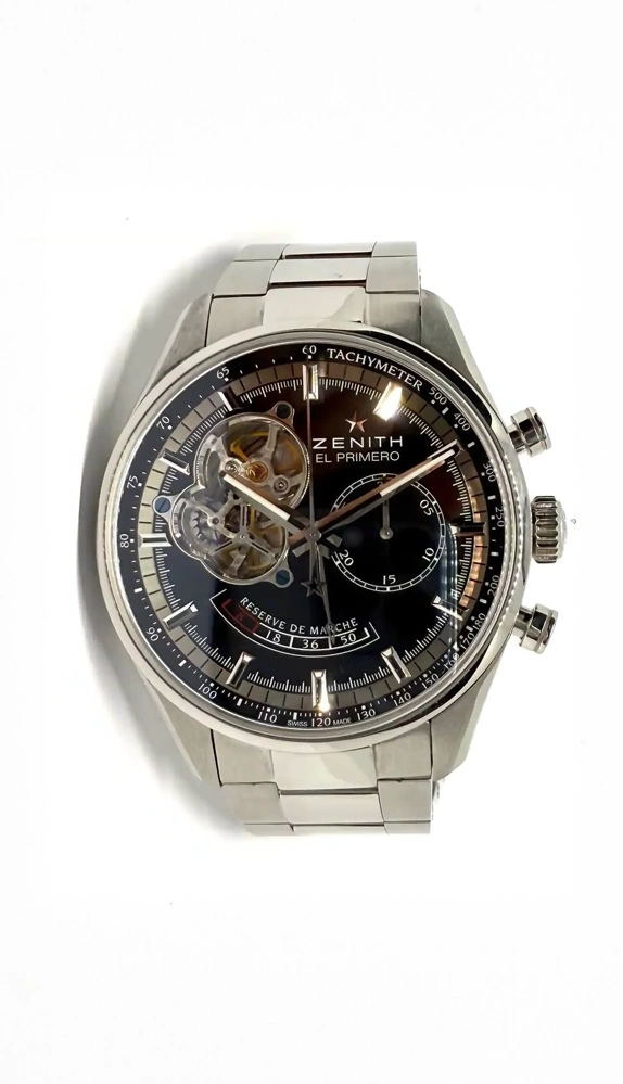 Zenith El Primero Chronograph mit schwarzem Zifferblatt und Edelstahlarmband für Zenith Ankauf in Hamburg
