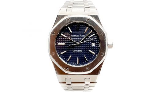 Audemars Piguet Royal Oak mit blauem „Tapisserie“-Zifferblatt und Edelstahlarmband.
