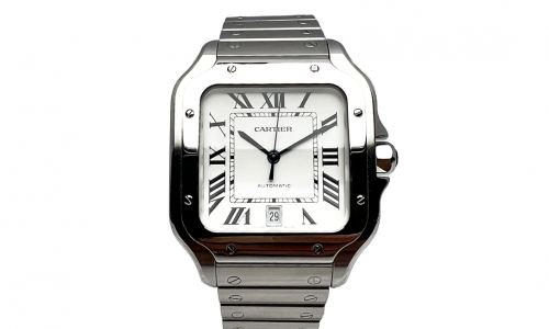 Gebrauchte Cartier Santos mit silbernem Gehäuse und Stahlarmband
